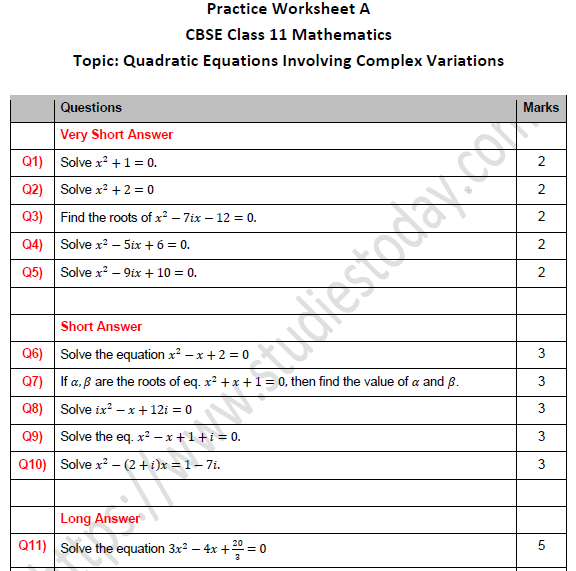CBSE Class 11 Maths Quadratic Equations Involving Complex Variations